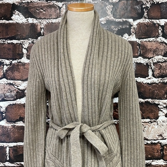 BCBGMaxAzria Cardigan Women's S Small Tan Open Front Sweater Tie Cable Knit Wool - Picture 8 of 15